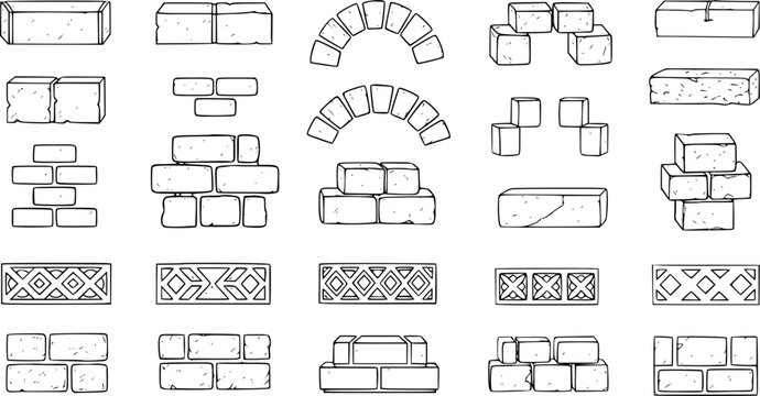 Hand-drawn set of stone and brick building elements, architectural blocks, arches, and decorative patterns in a sketch style, perfect for game assets or design