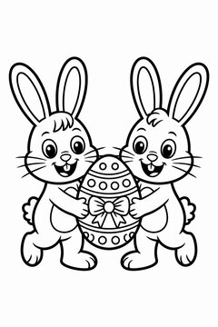 Two  bunnies happily hold a large Easter egg decorated with a bow