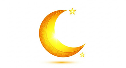 A golden crescent moon with two small stars on a white background