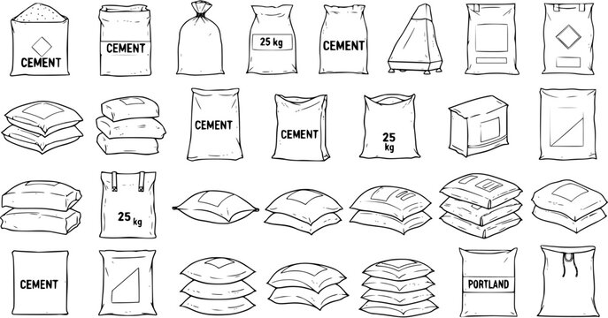 Hand-drawn vector set of cement bags and sacks. Assortment of construction material packages, stacked and individual, with labels like 'CEMENT', '25 kg', and 'PORTLAND'.