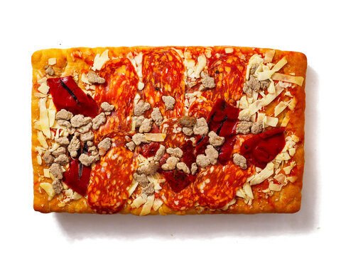 Fennel pork sausage and Italian spianata salami pizza in rectangular shape. Fine dish with top quality ingredients. Premium meal on white background.