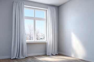 Fototapeta premium Empty room interior features bright window with white curtains overlooking snowy outdoor scene