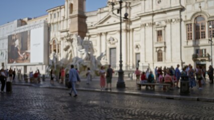Baroque city square with fountain and cobblestone foreground in soft bokeh outdoor; background backplate copyspace calm.