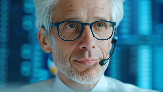 Focused Expertise: A focused professional, framed by the mesmerizing glow of technological data visualization, conveys authority and knowledge through his attentive gaze and subtle smile. 