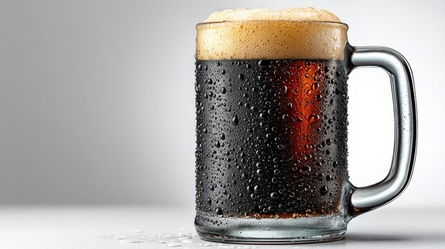 A mug of beer is sitting on a table with condensation on the outside. The mug is half full, and the beer is brown. The condensation on the mug suggest that the beer is cold