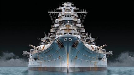 Obraz premium A large, old battleship is shown in the water. The ship is very large and has a lot of detail, including the guns on the front. Scene is one of strength and power