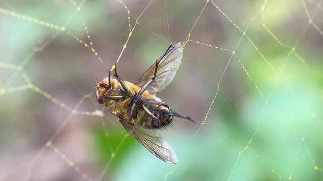 Macro Close-Up of Fly Trapped in Spider Web