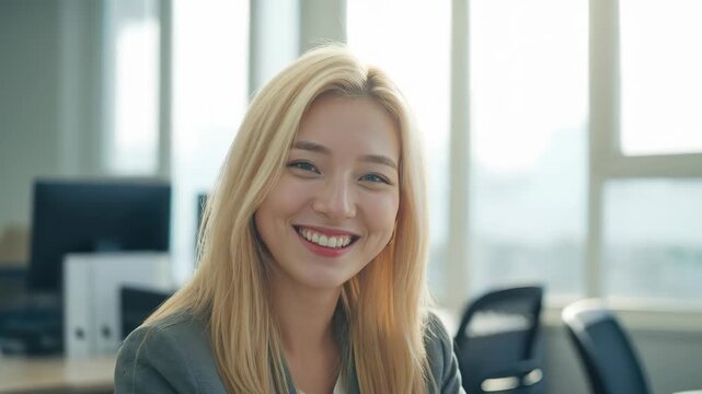 Radiant Office Portrait: A young professional radiates confidence and approachability, her warm smile capturing the essence of success and dedication.