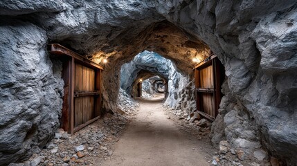 Fototapeta premium A long tunnel with a wooden door on each side. The tunnel is dark and the doors are open