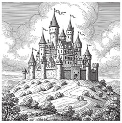 Obraz premium Grand medieval castle on hill engraving, detailed classic storybook etching
