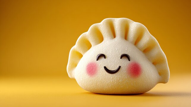 A cartoon dumpling with a smile on its face is sitting on a yellow background. The dumpling's expression conveys a sense of happiness and joy