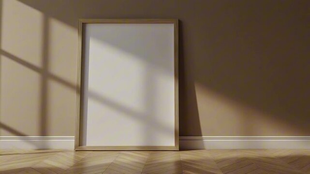 A vertical video mockup of a blank frame leaning against a beige wall with sunlight shadows on a parquet floor. This warm interior scene provides a cozy backdrop for art designs.