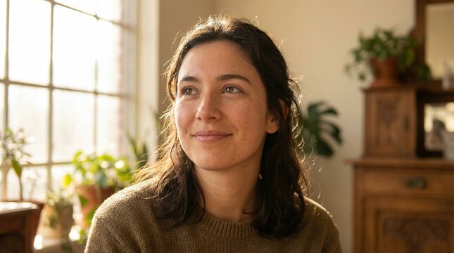 Hopeful young woman looking toward light expressing emotional recovery and optimism