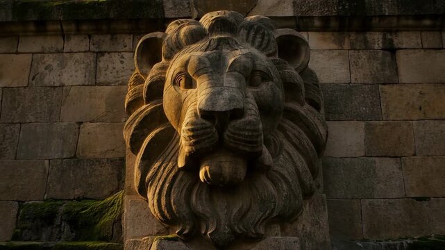 Stone carving of the Lion of Judah on an ancient wall. Golden sunlight moving across the lion relief with mossy stones. Historical and religious symbol of strength. Cinematic close-up