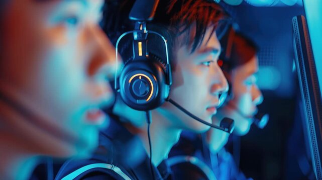 Concentrated Gamers: A group of focused individuals immerse themselves in a gaming experience, headsets on and eyes fixed on the screen, ready for any challenges.