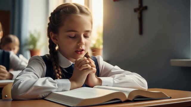 Young girl praying with eyes closed in a classroom. Schoolgirl with hands clasped over an open book. Religious education and faith concept. Catholic school student whispering a prayer