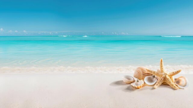 Seashells on Shores: A serene coastal panorama, featuring pristine sand and the tranquil meeting of turquoise waters and a bright, expansive sky. Natural shells add a touch of tranquility.