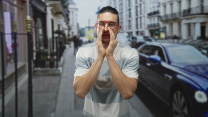 Fototapeta premium Man cupping hands over mouth on city street beside parked car, wearing red glasses and striped shirt while calling out to passersby; urgent plea.