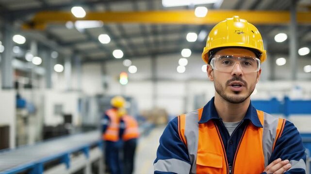 Professional factory worker in safety gear speaking to the camera. Man in hard hat and high-visibility vest in a modern manufacturing plant. Industrial workforce and safety concept
