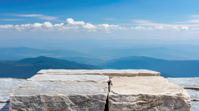 Stone Platform Above the Sky: A stark stone platform stands in sharp contrast to the distant, rolling mountain ranges, under a vast and vibrant blue sky, suggesting contemplation and space.