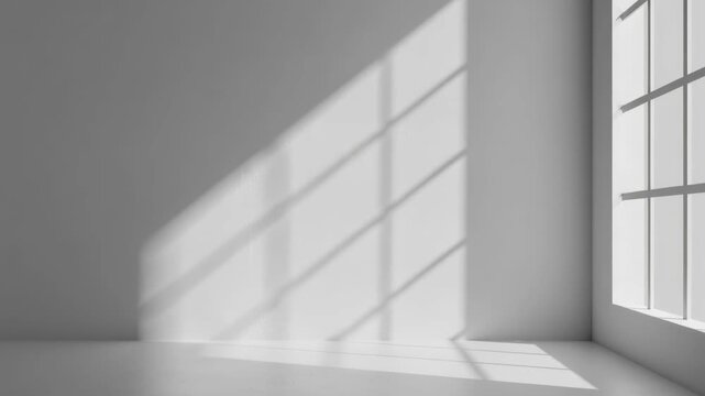 Shadow Play: Capturing the interplay of light and shadow on a clean, blank wall through a window, offering a minimalist, serene composition