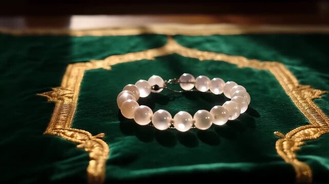 White tasbih prayer beads on a green velvet rug. Close-up of Islamic misbaha for dhikr and worship. Ramadan and spirituality concept
