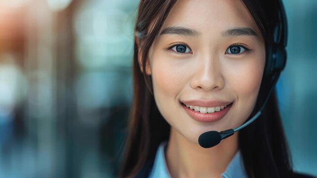 Smiling Customer Service Representative: An Asian woman with a headset, beaming with professionalism, provides exceptional customer service.