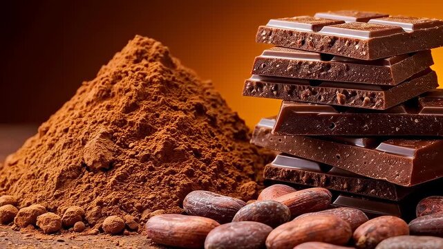 Chocolate Symphony: An array of cocoa elements - cocoa powder, rich chocolate bars, and whole cacao beans - arranged harmoniously against a warm backdrop.