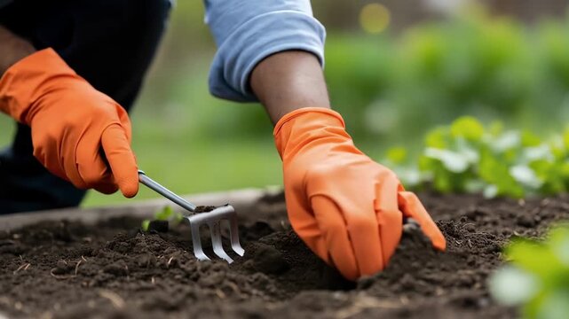 Close-up of hands in orange gloves using a hand rake to cultivate soil. Person preparing a garden bed for spring planting. Soil aeration and gardening hobby concept