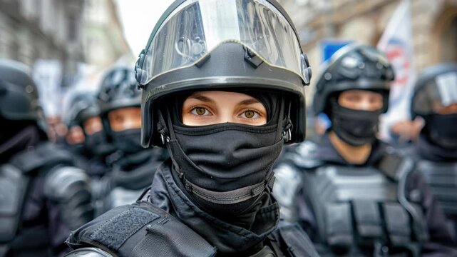 Facing the Line: A line of heavily armored law enforcement officers stands ready, their visors down, embodying a sense of duty and preparedness. The intensity in their eyes.