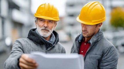 Two men wearing yellow hard hats are looking at a piece of paper. One of them is pointing at something on the paper