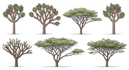 Obraz premium Varied desert trees with brown trunks and green foliage, diverse shapes, isolated for botanical design