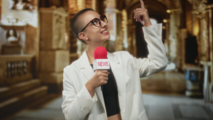 Woman reporter holding microphone and pointing finger in historic museum building, smiling while...
