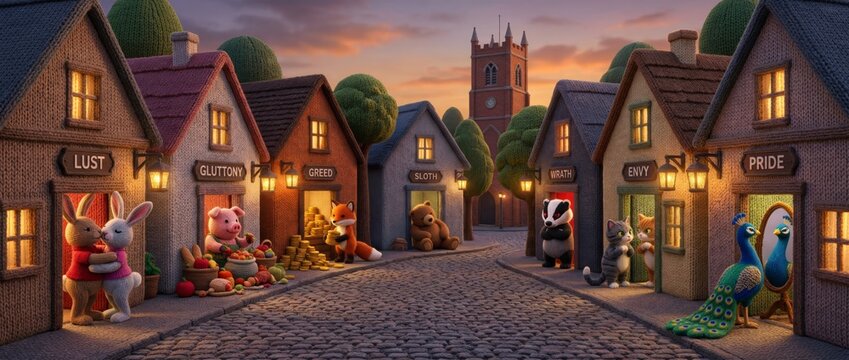 Seven deadly sins concept displayed by knitted animals on a village street with houses representing each sin, for childrens educational content. Banner with copy space