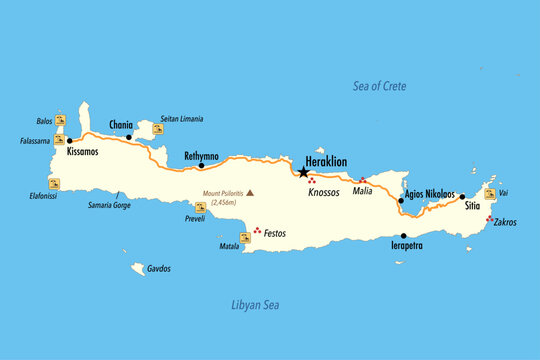 Crete Tourist Map Showing Main Cities Beaches and Archaeological Sites