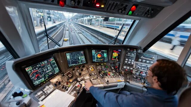 A driver operating a hightech control panel inside a train illustrating advanced public transport management and service optimization.