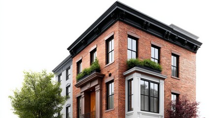 A brick building with a green tree in front of it. The building has a balcony and a window with a potted plant