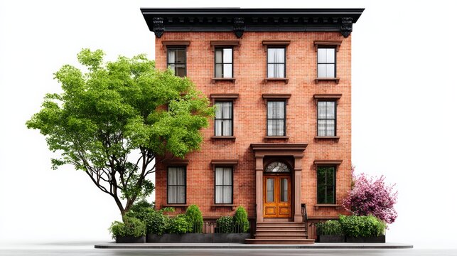 A large brick building with a tree in front of it. The building has a lot of windows and a front door