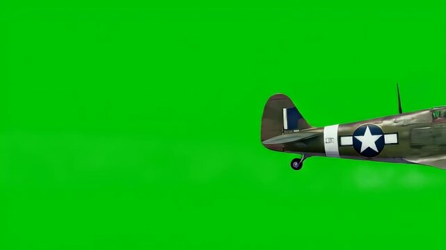 Vintage WWII Military Propeller Plane with US Star Insignia Isolated on Green Screen for Chroma Key Compositing