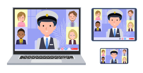 オンラインミーティングをしている運転手男性のセット