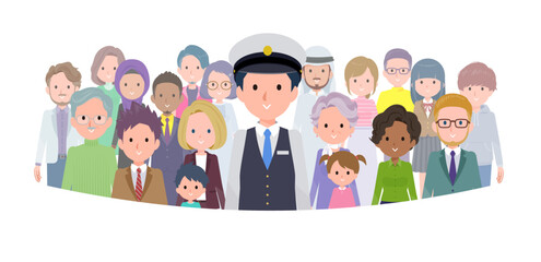 大勢の前に立つ運転手男性のセット