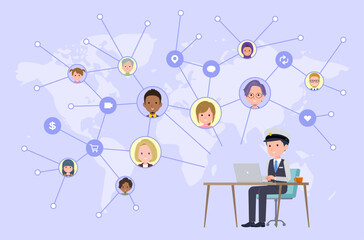 PCを操作してソーシャルメディアで情報を発信している運転手男性のセット