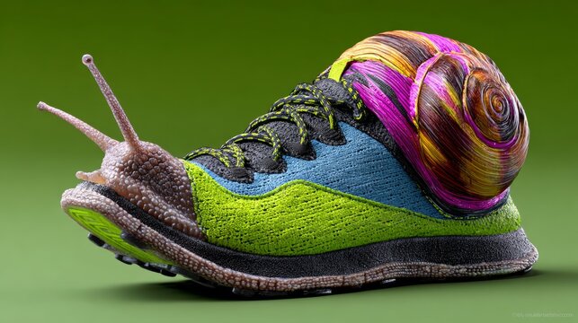 A shoe with a snail on it. The shoe is multicolored and has a green and yellow stripe