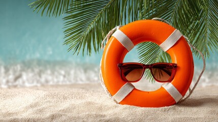 Obraz premium A life preserver with sunglasses on top of it. The scene is set on a beach. The life preserver is orange and the sunglasses are brown