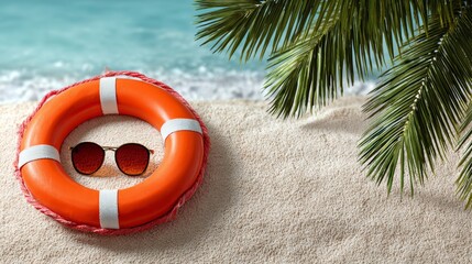 Obraz premium A life preserver is on the beach next to a pair of sunglasses. The scene is bright and sunny, with the life preserver and sunglasses adding a sense of safety and relaxation to the beach setting