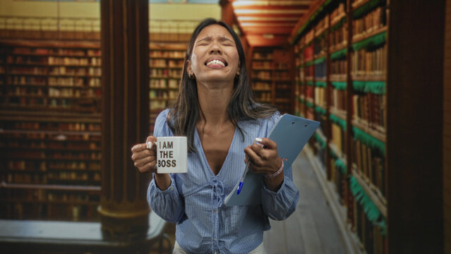 Woman holding coffee mug and clipboard while checking notes in a library building, hand visible; confidence leadership.
