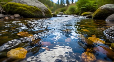 Clear Mountain Stream Water with Rocks and Reflections Nature