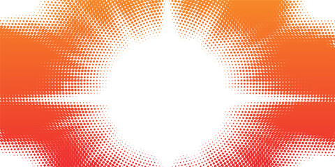 Orange red halftone dots abstract background, vibrant radial gradient circle pattern with copy space, modern pop art style dynamic wave vector illustration