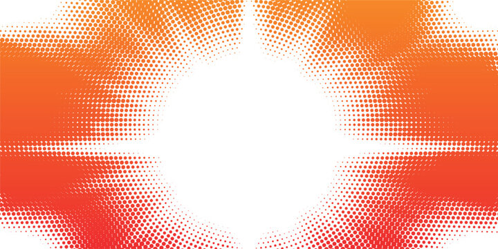 Orange red halftone dots abstract background, vibrant radial gradient circle pattern with copy space, modern pop art style dynamic wave vector illustration