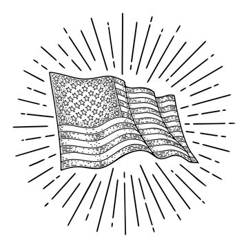 American flag and firework. Vector vintage engraving monochrome illustration for poster, greeting card and banner independence day. Isolated on white background.